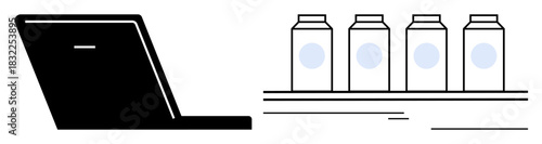 Laptop paired with four milk cartons on a shelf, representing e-commerce, online shopping, retail analysis, organization, consumer goods, production, and minimal, simple flat metaphor