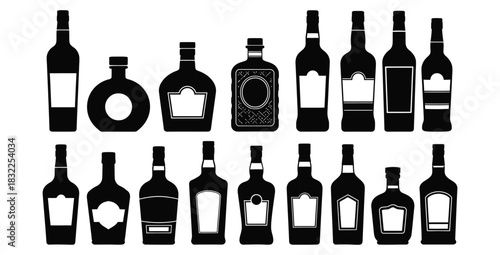Collection of various liquor bottles in black silhouette against a white background