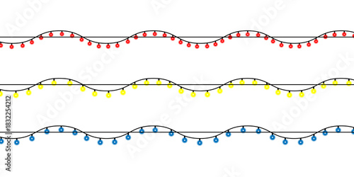 Three wavy lines of colorful christmas lights isolated on transparent background