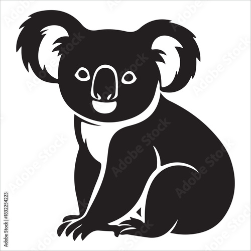 Stylized black and white silhouette  vector illustration of a cute koala