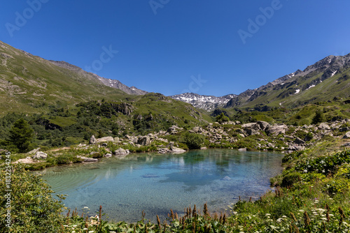 View on the Lac Vert located in Valmeinier in the Cerces massif, Hautes Alpes, France