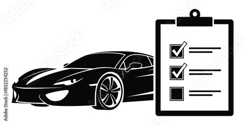Sleek sports car with a checklist representing vehicle inspection and maintenance tasks