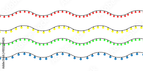 Wavy lines of colorful christmas lights isolated on transparent background