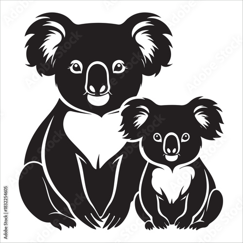  Stylized black and white silhouette vector illustration of a cute koala