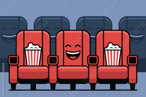 Movie Theater Seats with Happy Faces and Popcorn Buckets Inviting Entertainment Experience