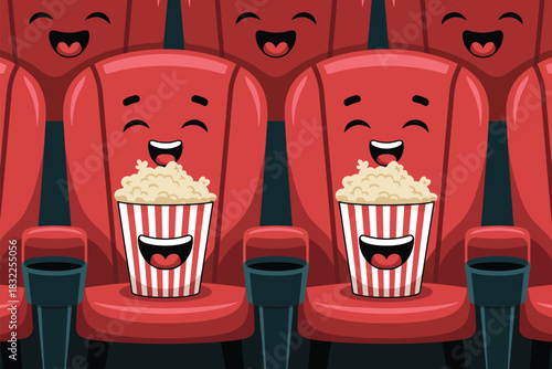 Cartoon movie theater with happy seats and popcorn a fun family entertainment experience
