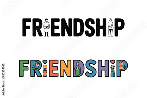 Friendship concept in typography with diverse people inside letters emphasizing inclusivity and support