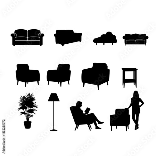 vase, lamp sofa , girl sitting on the sofa and reading book, girl standing with sofa silhouette pack