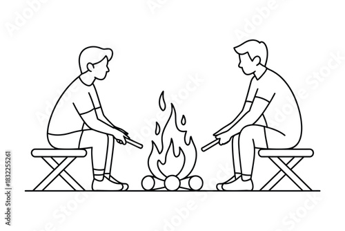 Minimalist illustration of people around a campfire roasting marshmallows enjoying time together outdoors