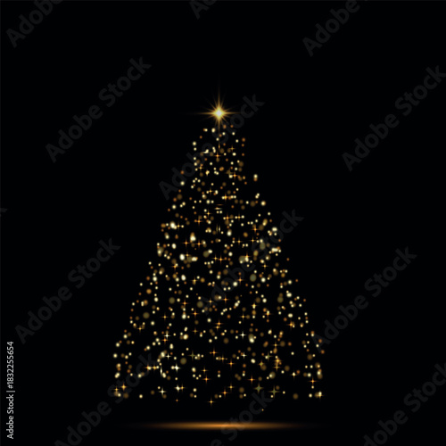 Vector Christmas tree made of glowing lights. Bright shiny Christmas light. Glittering lights in the form of a Christmas tree. Gold glowing spruce luxurious design. Vector on png background.