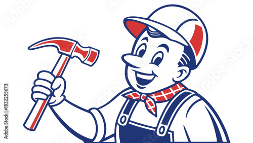 “Carpenter cartoon mascot — friendly character holding hammer — bold lines, bright colors, perfect for branding.”