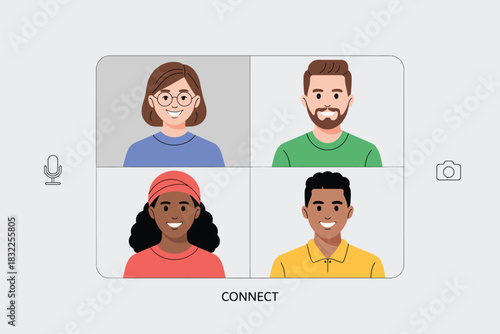 Diverse group of people connecting online via video call technology interface communication