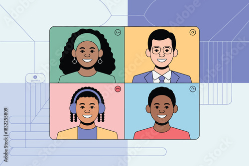 Diverse Team Collaboration via Video Conference Smiling Faces in a Virtual Meeting Platform Setting