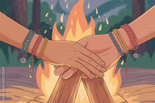 Cozy Campfire Scene with Hands Friendship Bracelets and Warm Firelight Glow in Nature