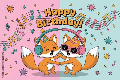Festive Happy Birthday Celebration with Party Foxes Cartoon Illustration for Greeting Card Design