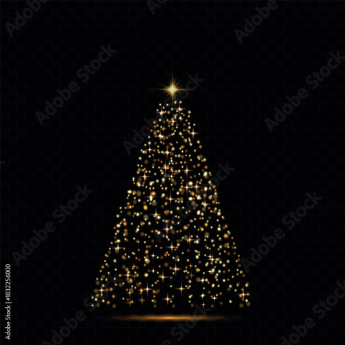 Vector Christmas tree made of glowing lights. Bright shiny Christmas light. Glittering lights in the form of a Christmas tree. Gold glowing spruce luxurious design. Vector on png background.
