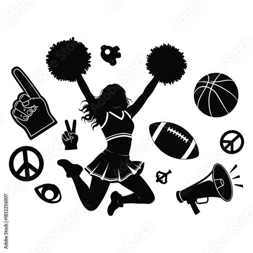 Silhouette of a cheerleader jumping surrounded by sports and peace related icons