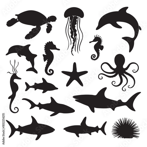 Diverse Marine Life Silhouettes Collection sea turtle
