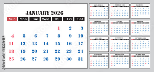 January 2026 calendar displaying dates and days of the week clearly