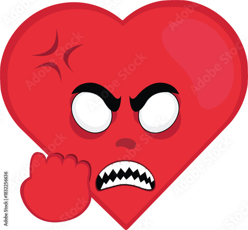 vector illustration emoticon character heart cartoon, with white eyes of angry expression concept, sharp teeth and hand revenge gesture