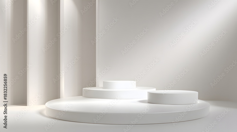 Fototapeta premium Minimalistic podium display. abstract minimal scene with a white podium for product presentation. minimal geometric background, white round podiums.