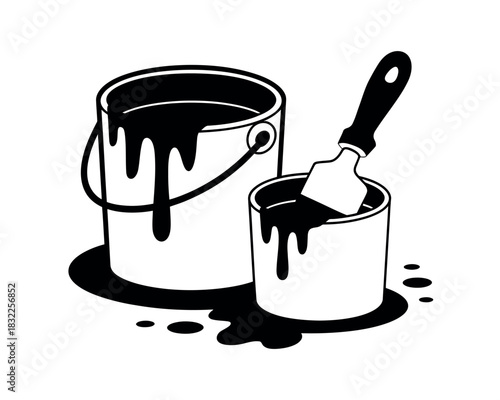 Two buckets and a spatula are covered in black paint, ready for a project.
