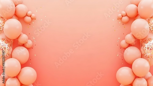 Soft peach balloons and confetti border on a warm peach background