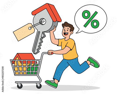 A happy person pushes a shopping cart filled with houses while holding a large key and a percentage sign.