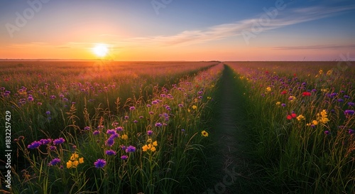 Sunset Pathway Through Colorful Wildflowers in Nature's Landscape