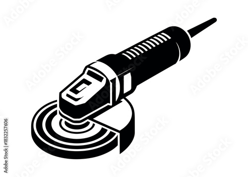 A black and white illustration of an electric angle grinder with a circular abrasive disc.