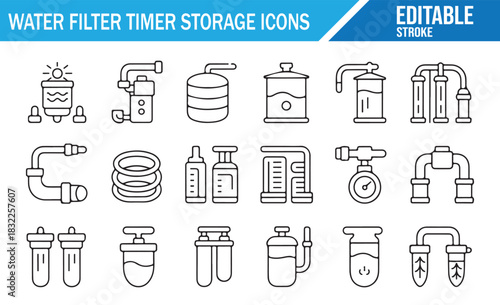 Plumbing and water filter equipment editable stroke icons set