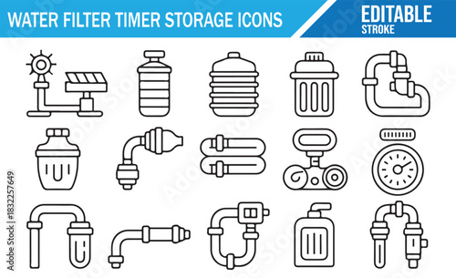 Clean water supply and filtration equipment linear icon collection