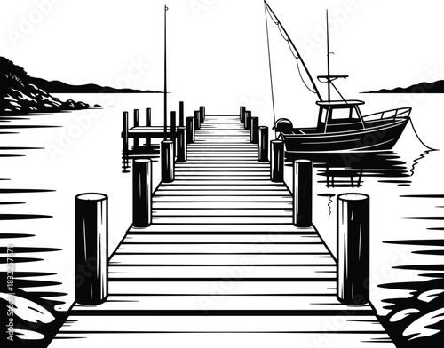 Black and white illustration of a wooden pier with a fishing boat docked vector