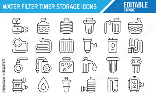 Water filter and purification system outline icon set with storage and timer