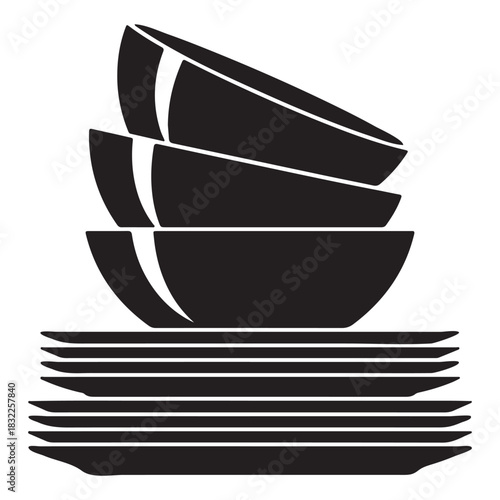 Stacked Black Bowls and Plates Silhouette Keywords: stack, bowls, plates, dishware, kitchenware