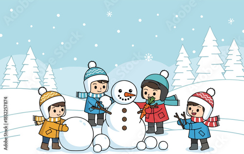 Four children building a snowman in a snowy wooded landscape