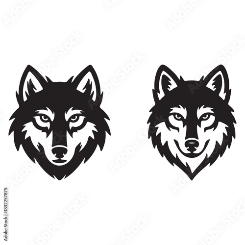 Two Black Wolf Heads Silhouettes with Fierce Expressions