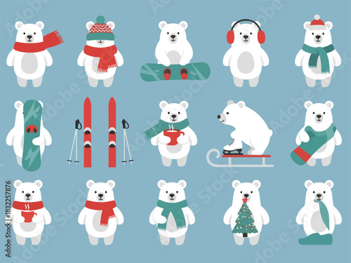 Fifteen cartoon polar bears in winter attire and engaged in winter sports activities