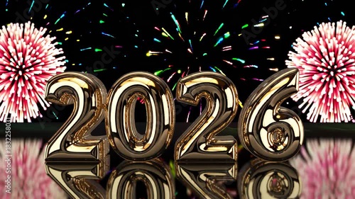Golden numbers 2025 on reflective surface with colorful firework bursts. New year celebration for calendar, greeting card footage. 