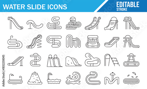 Water slide attractions minimal pictogram pack for resort branding