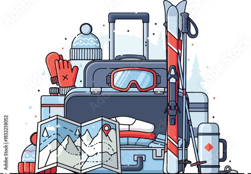 Illustration of packed winter sports luggage with gear and map