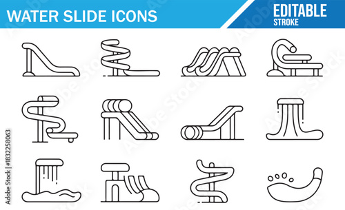 Waterpark recreation equipment outline pictograms for vacation themes