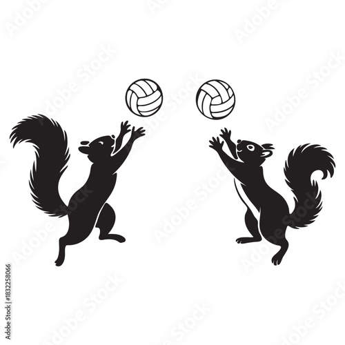 Two squirrels playing volleyball in silhouette sport