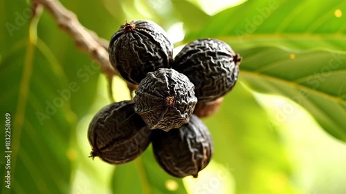 Aleurites moluccanus the candlenut is a flowering tree in the spurge family Euphorbiaceae also known as Indian walnut kemiri varnish tree or kukui nut tree with dark brown nuts clustered on a branch .