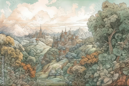 A fantasy landscape with a picturesque valley, dense forests, and a majestic castle hidden among the hills.  