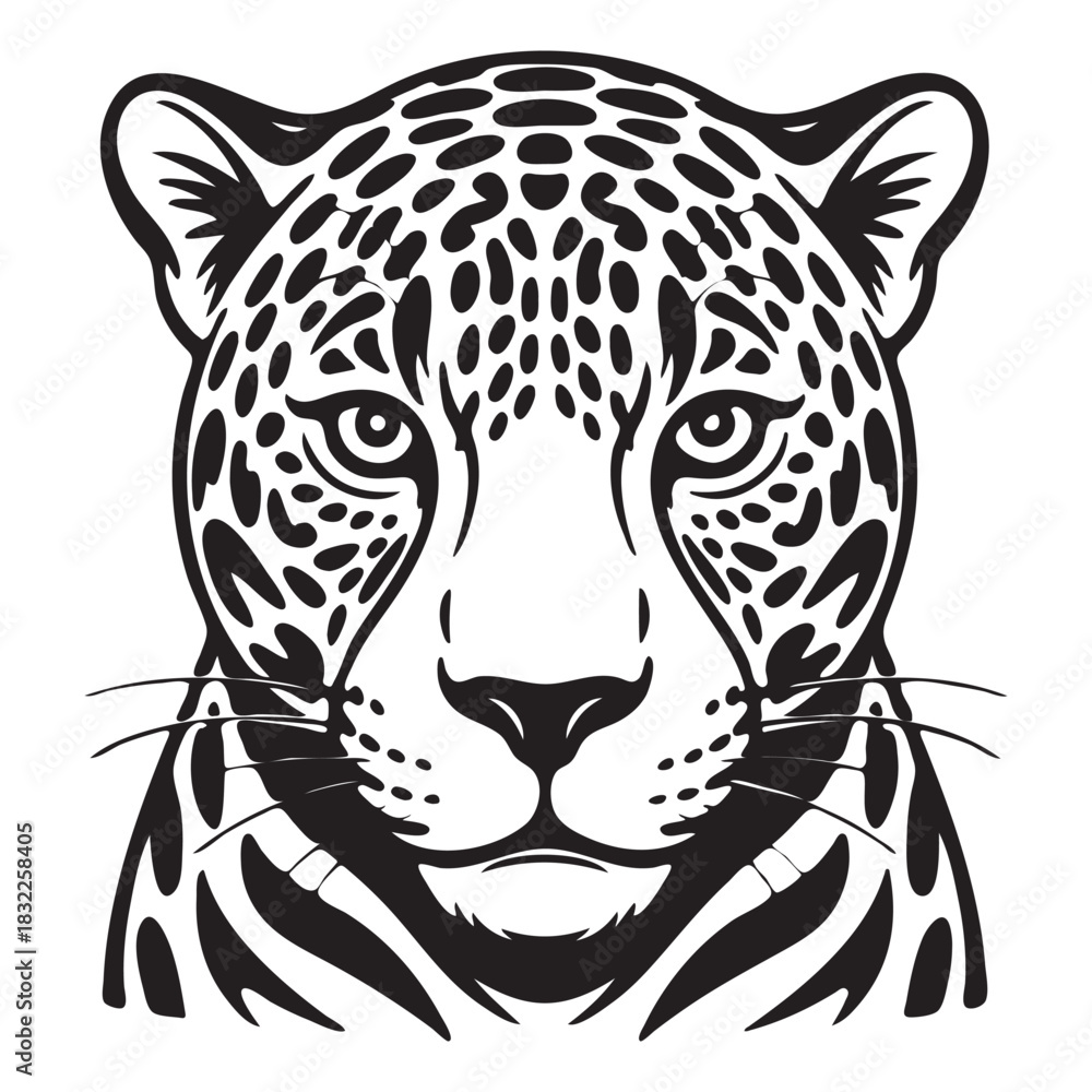 Obraz premium Black and White Illustration of a Jaguar's Face Keywords: jaguar, leopard, big cat, feline