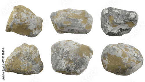 Collection of six rocks isolated on transparent background, perfect for geological or design applications