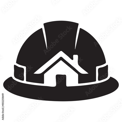 Black silhouette of a hard hat with a house symbol