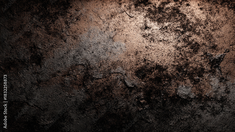Naklejka premium A dark, distressed concrete or stone background with rich bronze and black tones, showcasing a rough, grungy texture and subtle cracks.