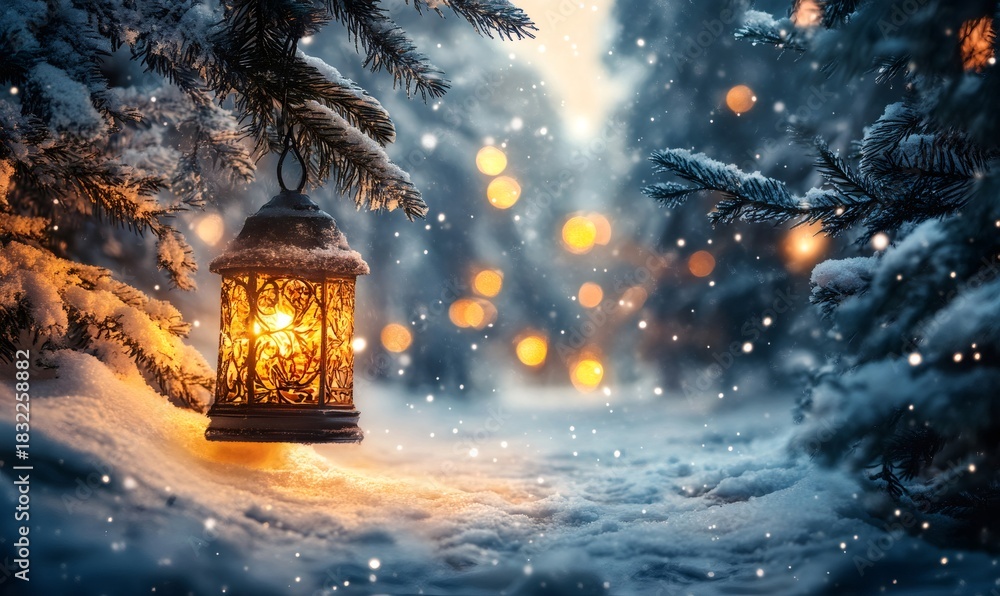 Fototapeta premium Vintage lantern illuminating a snowy forest, creating a warm, festive atmosphere with falling snow and bokeh lights for holidays